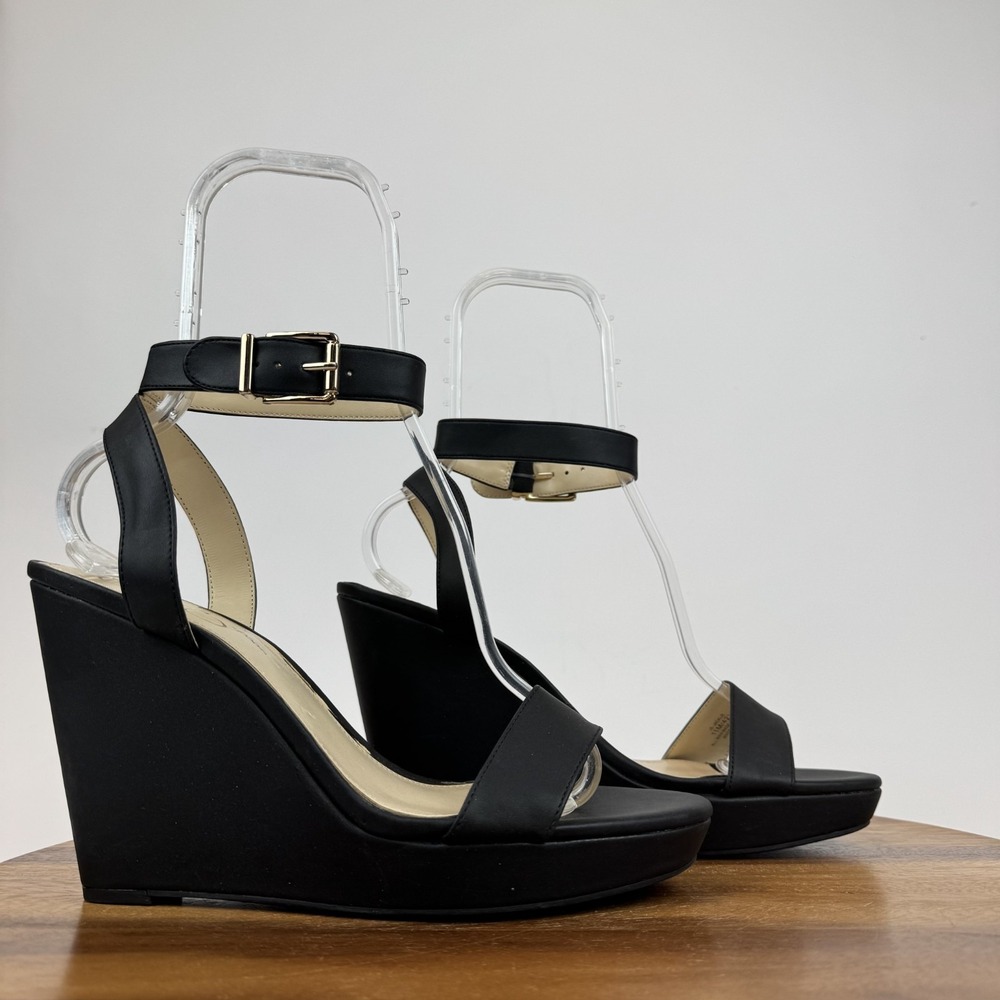 New Womens Jessica Smpson Jacklie Black Faux Leather Wedge Sandals Size 11 M